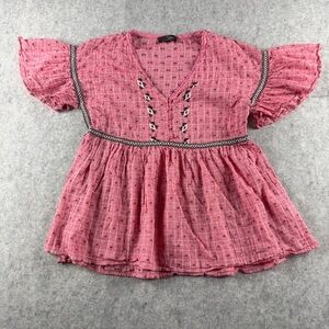 Womens Suzanne Betro 3/4 Bell Sleeve Woven V-Neck Tunic Pink Sz Medium Boho